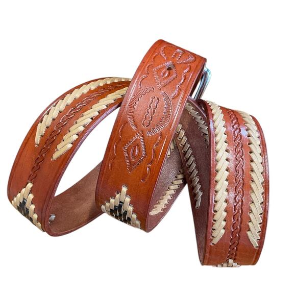 Red Brown Leather Mens 42 Western Belt Tan Dark Brown Stitching Southwest Cowboy - Picture 3 of 9